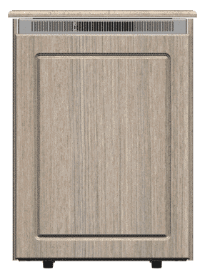 Front view of a built-in dishwasher with a light wood panel and ventilation grille at the top.