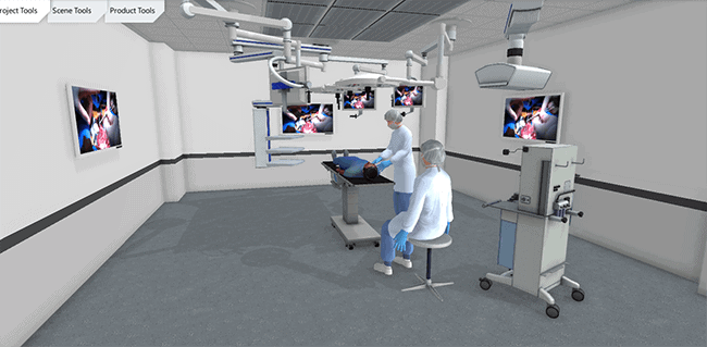 Two medical professionals in a modern operating room with multiple screens displaying surgical images and advanced equipment.