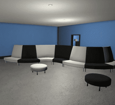 A modern room with blue walls, a large black and white sectional sofa, two round ottomans, and a floor lamp near a mirror.