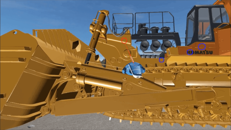 Side view of a large yellow bulldozer with marked components, including a blue helmet positioned on the machinery for reference.