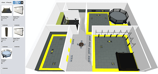 3D floor plan of a gym featuring a boxing ring, training areas, equipment, and an octagonal cage, with yellow-lined paths and seating along the walls.