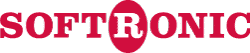 The image displays the SOFTRONIC logo in bold red uppercase letters, with the letter R inside a solid red oval.