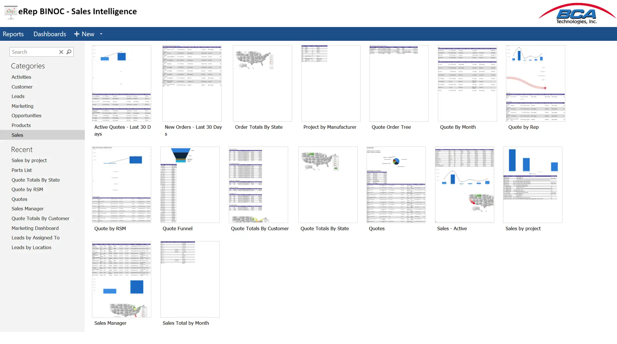 Discover the eRep Reporting dashboard interface, showcasing diverse sales reports and charts. View sales by state, project, and manufacturer, all under the BCA Technologies logo prominently placed at the top right.