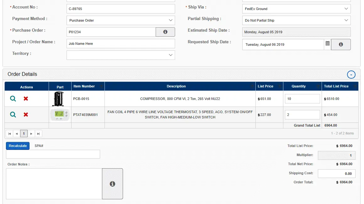 The eRep Parts Sales purchase order screen showcases details for two items: a compressor and fan coil. Total due is $6950.00. It also includes shipping information and actions for editing or deleting the items.
