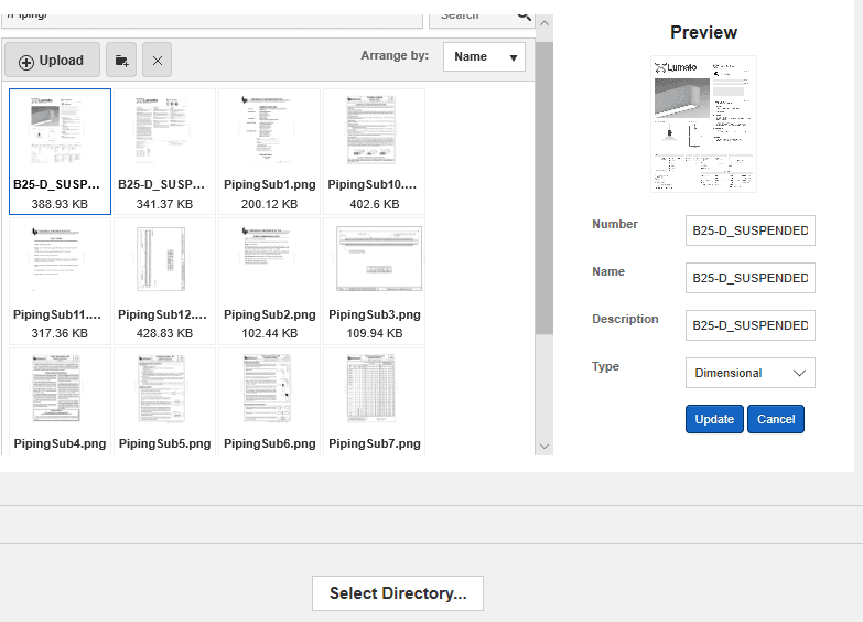 The computer screen showcases the eRep Product Document Generator, featuring a file selection interface with thumbnails of documents and a detailed preview panel on the right. The user is actively updating document details efficiently.