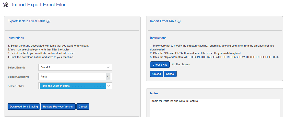 Screenshot of the eRep Parts Sales web interface for importing and exporting Excel files, featuring options to select a branch and table, upload a file, and download or restore data.
