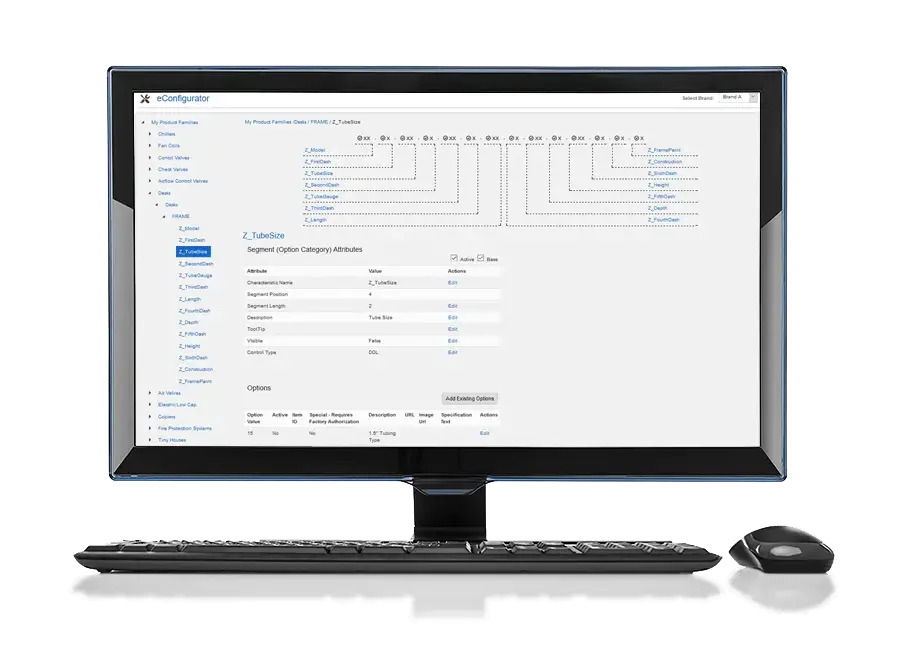 A computer monitor showcases the eRep CPQ Software interface filled with configuration settings, seamlessly connected to a keyboard and mouse.