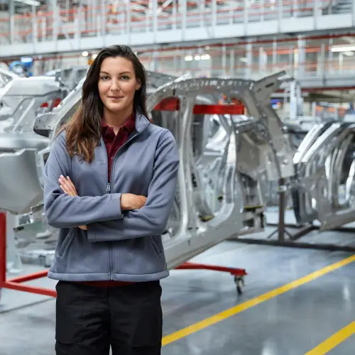 A woman in a gray jacket stands with arms crossed in an automotive factory, with car frames and assembly equipment visible in the background.