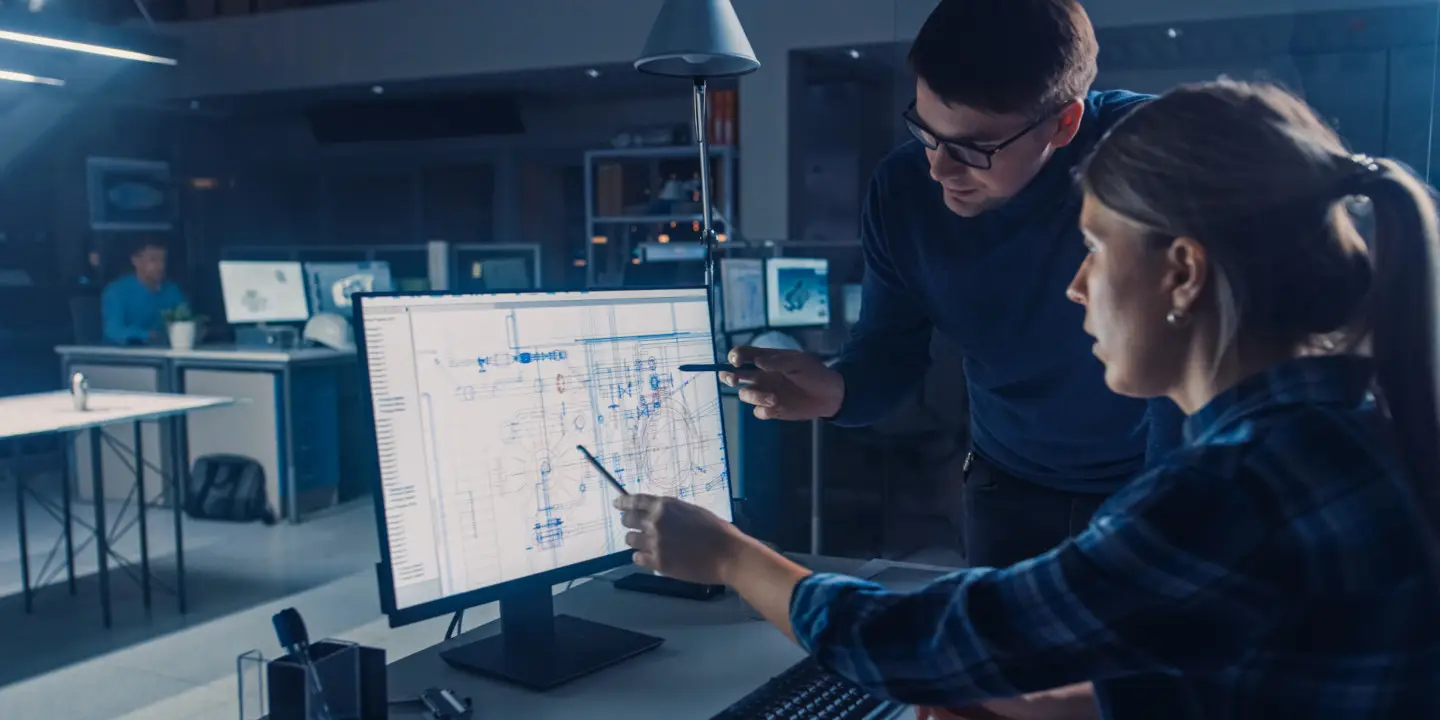 Two people work on a computer-aided design project in an office. One, seated, is pointing at the monitor displaying a 3D mechanical model, while the other stands nearby, observing.