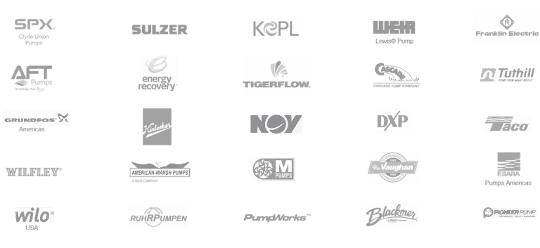 A grid of 28 logos from various pump and energy-related companies on a gray background highlights the synergy with CPQ software for pump manufacturers, enhancing operational efficiency.