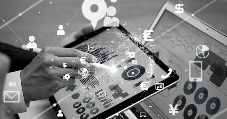 A person engages with a tablet showcasing charts and data, surrounded by digital icons for currency, communication, and social media—all enhanced by Intelliquip Reporting.