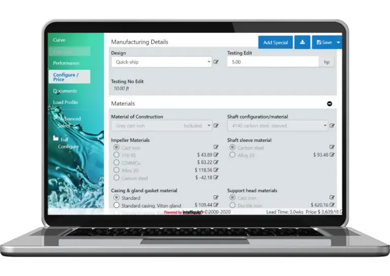 A laptop screen showcases a sophisticated manufacturing interface, highlighting SCQP parameters with options for design, materials, and testing.