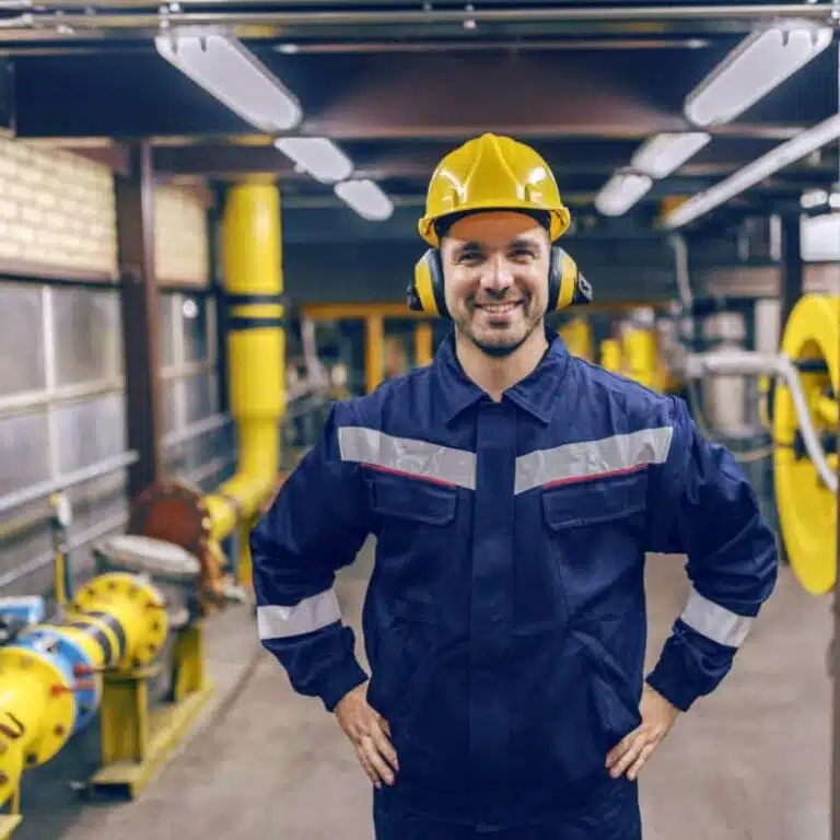 In an industrial setting, a person stands confidently in a blue work uniform, yellow hard hat, and ear protection, embodying the efficiency of CPQ software for fluid handling equipment manufacturing amid pipes and machinery.