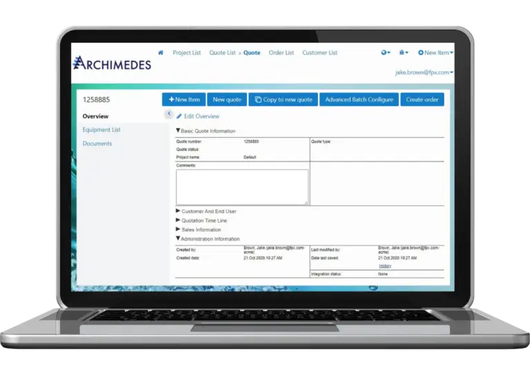 A laptop screen showcases the ARCHIMEDES software interface featuring SCPQ capabilities with options for creating and editing quotes, alongside a comprehensive quote overview form.