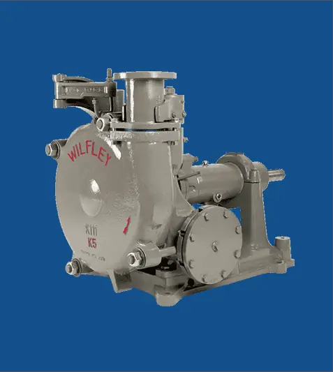 Gray industrial Wilfley slurry pump against a solid blue background, ideal for projects managed with the Intelliquip Project and Quote Management Portal.