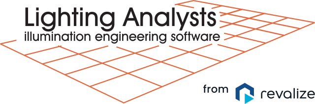 Logo for Lighting Analysts illumination engineering software, featuring a red grid and the Revalize company logo in the bottom right corner.