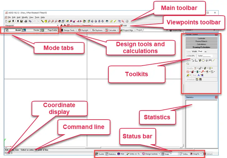 Explore the AGi32 Interface Course through a detailed screenshot showcasing its labeled features: main toolbar, viewpoints toolbar, mode tabs, design tools and calculations, toolkits, coordinate display, command line, statistics, and status bar.