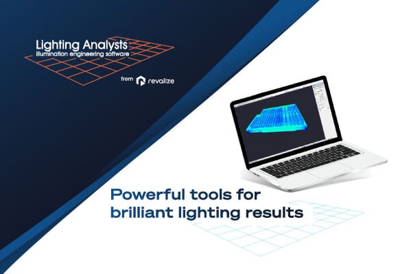 A laptop displays lighting analysis software with a grid graphic; text reads, Lighting Analysts – Powerful tools for brilliant lighting results. Experience the capabilities firsthand with a lighting analysts demo.