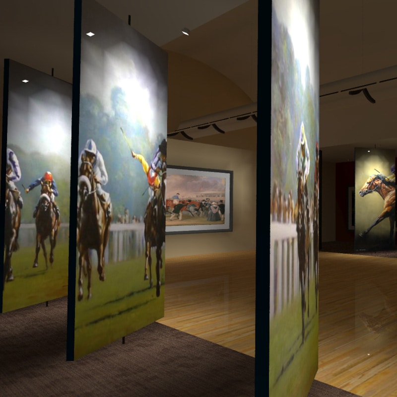Large paintings depicting horse races are displayed on vertical panels in a well-lit gallery, where the strategic use of illuminating engineering software enhances the lighting on wood floors and additional artwork lining the walls.