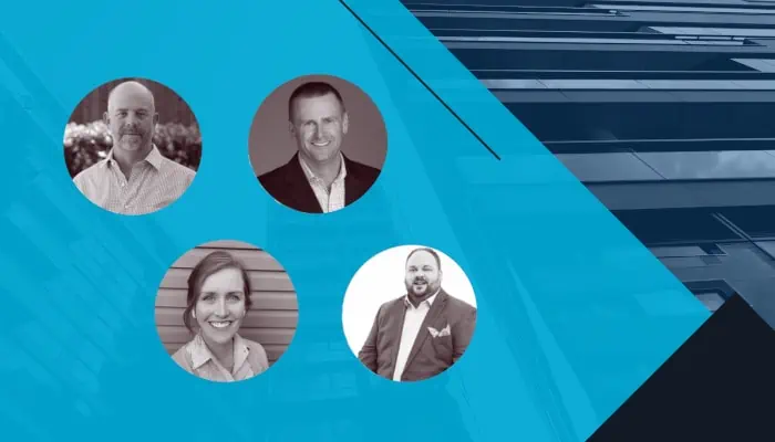 Four people in circular photos on a blue and gray geometric background with building reflections, showcasing the innovative spirit of Revalize Cloud-Software for Manufacturers.