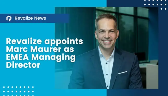 Man in a suit smiling, text reads: Revalize appoints Marc Maurer as EMEA Managing Director, highlighting their commitment to innovation with Revalize Cloud-Software for Manufacturers. Features the Revalize News logo.