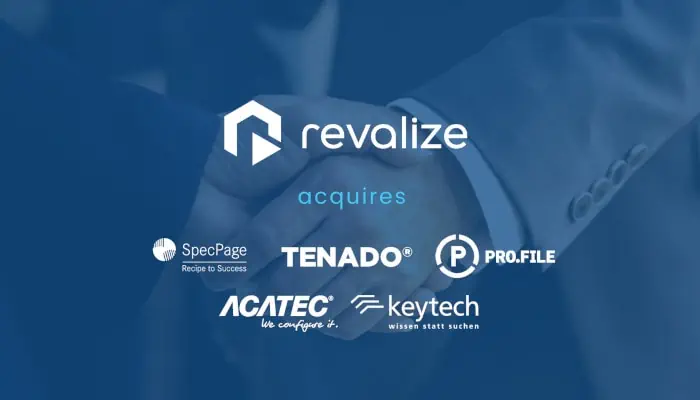 Image showcasing logos of Revalize and its acquired companies: SpecPage, Tenado, PRO.FILE, Acatec, and Keytech. These are overlaid on a handshake backdrop, symbolizing the unified strength in cloud-software solutions for manufacturers.