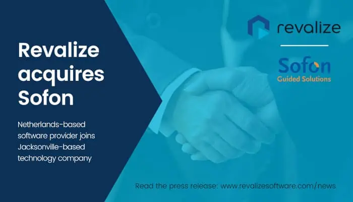 Revalize, known for its cloud software for manufacturers, acquires Netherlands-based Sofon. The image depicts a handshake and company logos, symbolizing the union with the Jacksonville-based company.