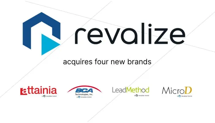 Revalize logo with text announcing the acquisition of four brands: Attainia, BCA Technologies, LeadMethod, and MicroD. Each brands logo is displayed below, highlighting Revalizes expansion in cloud-software for manufacturers.