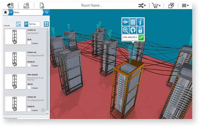 Diagram of a server room layout with multiple equipment racks. A visual product configurator in the left sidebar displays rack details and options. Wires connect the racks, with a highlighted one showing technical info.