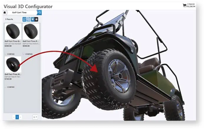 Digital rendering of a golf cart with a focus on its tires, enhanced by a visual product configurator showcasing the tire selection screen on the left.