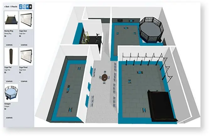 3D rendering of a gym layout featuring several workout areas with equipment, an octagonal cage, and a central circular table, enhanced by a visual product configurator for personalized design tweaks.