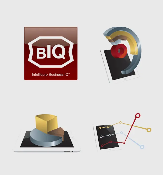 Logos and graphics over tablets; top left showcases the BIQ logo, while the bottom left highlights a Wilfley-inspired 3D pie chart. The top right presents a 3D circular graphic, and the bottom right illustrates a line graph.