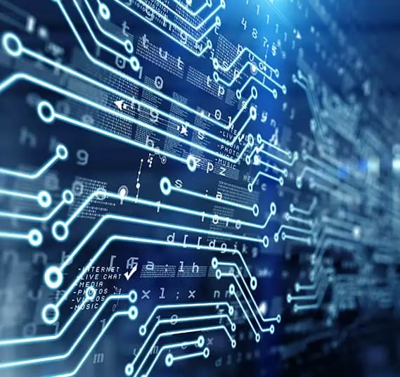 Close-up of a digital circuit board with interconnected pathways in a glowing blue light, echoing the sleek efficiency and advanced infrastructure youd expect at Tommy Car Wash.
