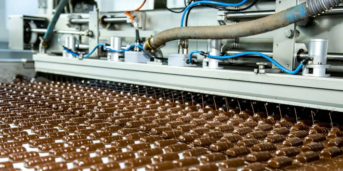 A Lebensmittel innovation unfolds on the chocolate production line, where rows of chocolates are expertly draped with liquid chocolate from overhead machinery.