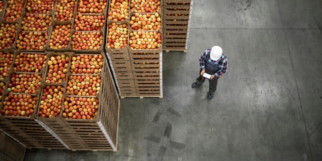 Overhead view of a person in a hard hat inspecting large stacks of apple crates in a warehouse, highlighting efficient food & beverage PLM processes.