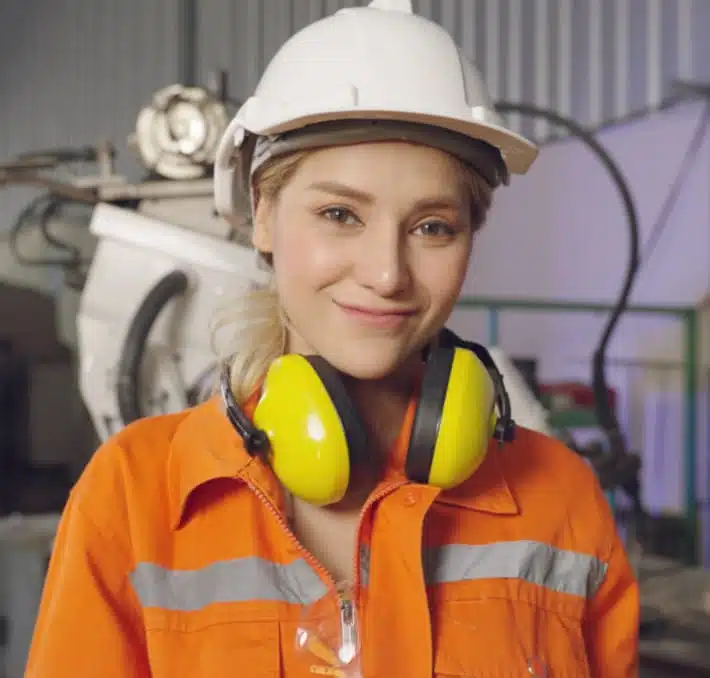 Amidst the bustling industrial setting, a person in an orange safety uniform and white hard hat stands confidently. Yellow ear protection hangs around their neck, as they expertly navigate the operations of a lebensmittel- und getränkehersteller PLM environment.