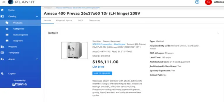Screenshot of a webpage from a medical equipment catalog showcasing the Amsco 400 Prevac sterilizer, priced at $156,111.00. The page features detailed product specifications and technical information neatly displayed on the right.