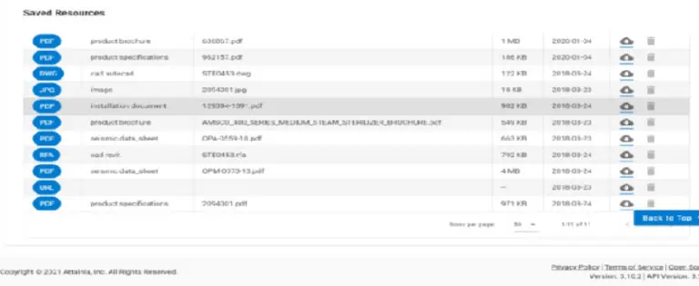 A file directory list displays saved resources like a medical equipment catalog in various formats, sizes, and modified dates. Options include PDF, DWG, and RFA files. The interface also features navigation and privacy policy links.