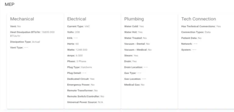 Image of an MEP (Mechanical, Electrical, Plumbing) specification sheet, akin to a medical equipment catalog, detailing aspects like vent type, heat dissipation, electrical current type, water treatment, and tech connections.