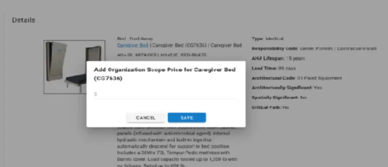 A computer screen displaying a form to add an organization scope price for a caregiver bed. Options include cancel and save buttons. Text details about the bed, resembling entries in a medical equipment catalog, are visible in the background.