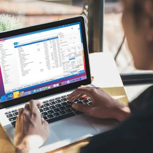 Eine Person arbeitet an einem Laptop mit einer Finanzsoftware, die Konten und Transaktionen auf dem Bildschirm anzeigt. Sie verwaltet die Budgets für ein Unternehmen für Foodservice-Ausrüstung und -Zubehör.