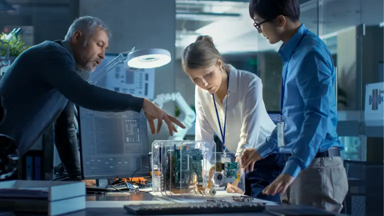 People looking at a hologram 3D product
