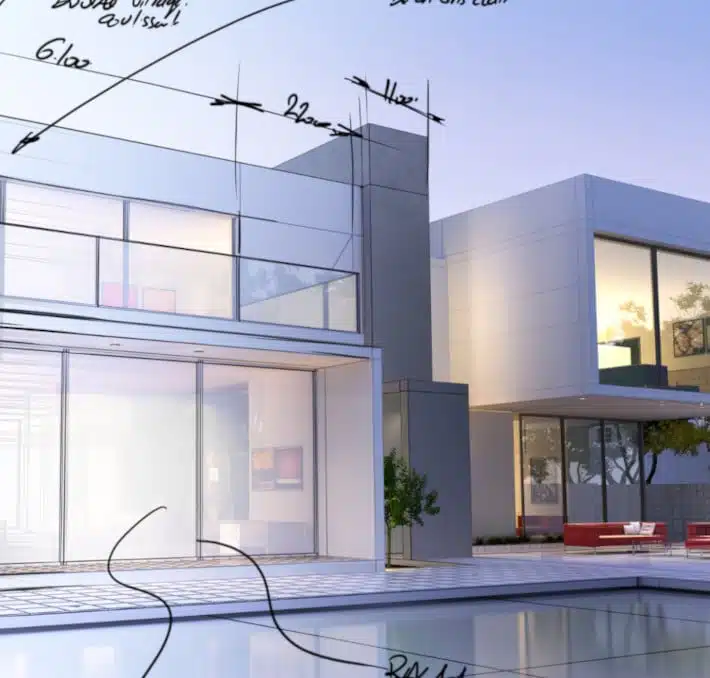 Modern house exterior with large glass windows. Overlay of CAD for Manufacturers Design sketches and measurements. Pool in the foreground, reflecting the building.