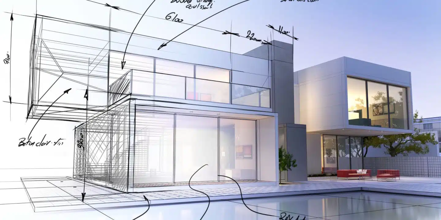 Architectural design sketch overlays a modern two-story house with large glass windows, a pool in the foreground, and a red sofa on a patio, illustrating CAD for Manufacturers Design techniques.