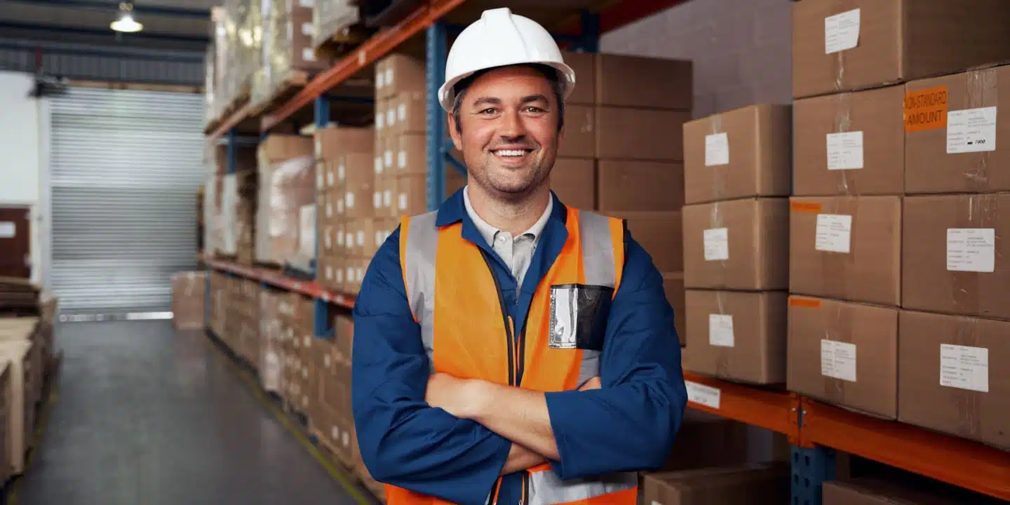 A man in a hard hat and safety vest smiles while standing in a warehouse aisle with shelves of boxed products, showcasing the efficiency of package design with PLM.