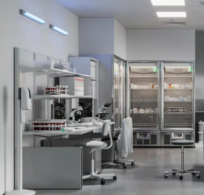 A modern medical equipment planning laboratory in new construction, equipped with medical equipment like microscopes, shelves of samples, and refrigerated storage units, all arranged in a clean and orderly fashion.