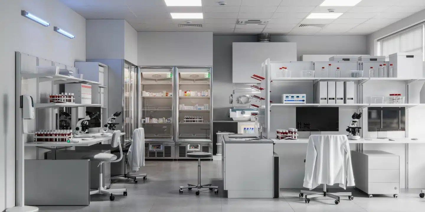A modern laboratory featuring cutting-edge medical equipment, microscopes, and computers sits in new construction. Organized shelves hold bottles and tools in the well-lit, sterile space, exuding an orderly appearance.
