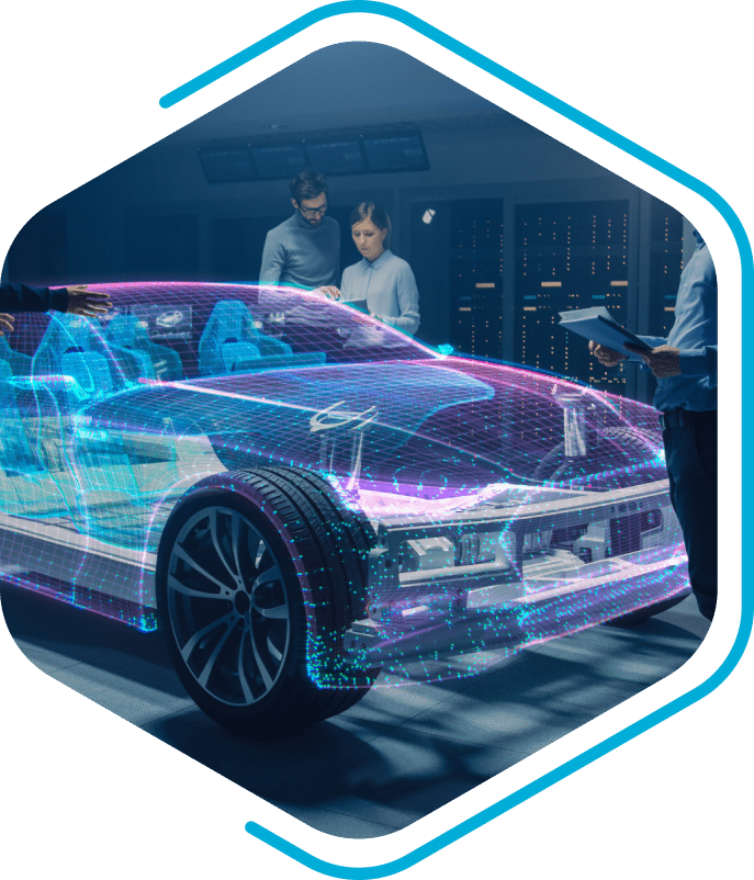 Drei Personen untersuchen ein futuristisches Auto mit einem holografischen digitalen Overlay, das die fortschrittliche Automobiltechnologie in einem High-Tech-Labor zeigt - eine Innovation, die sowohl den B2B- als auch den B2C-Markt beeinflussen wird.