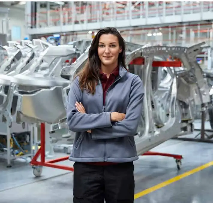 A person in a gray jacket stands with arms crossed in an industrial setting, surrounded by metal frames and equipment, embodying the ethos of a sustainable manufacturing environment.
