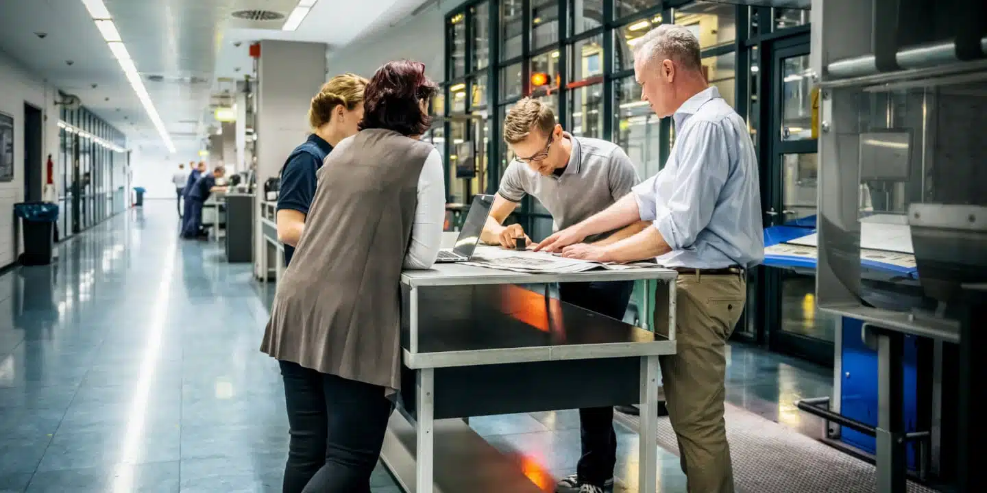 Four people stand around a table in a modern, well-lit office hallway with glass-panelled walls, their focus sharp as they discuss the path to CPQ success while examining various documents.